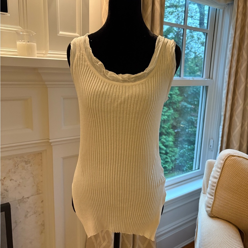Philip Lim 3.1 Cream Cotton Ribbed Knit Top with Silk Trim Detail